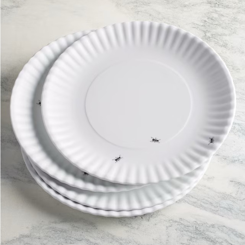 ONE HUNDRED 80 DEGREES White w Ants Melamine Dinnerware - 11 in Plates -Set of 4